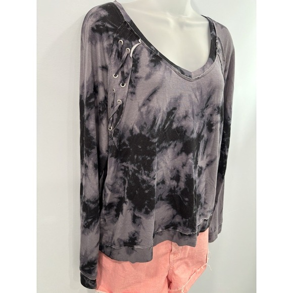 Mudd Tie Dye Lace Up Long Sleeve Top Gray Black Size Large Boho Grunge - Picture 2 of 10